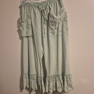 Free People Sage Green Eyelet Wide-Leg Pants